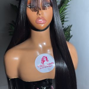 26” Bone Straight Human Hair Wig – Closure Bangs, 300g Full Density